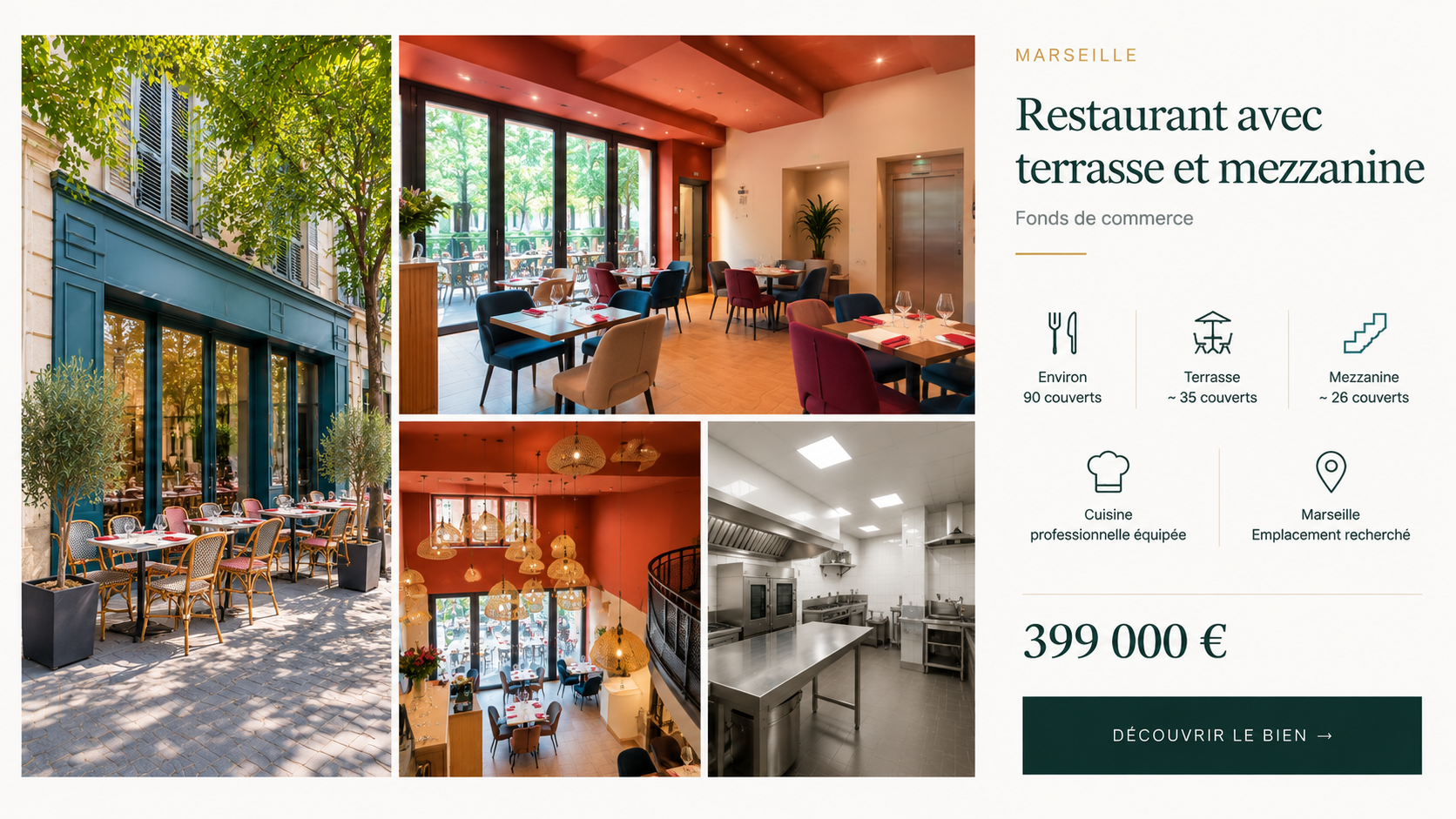 Restaurant avec terrasse et mezzanine à Marseille